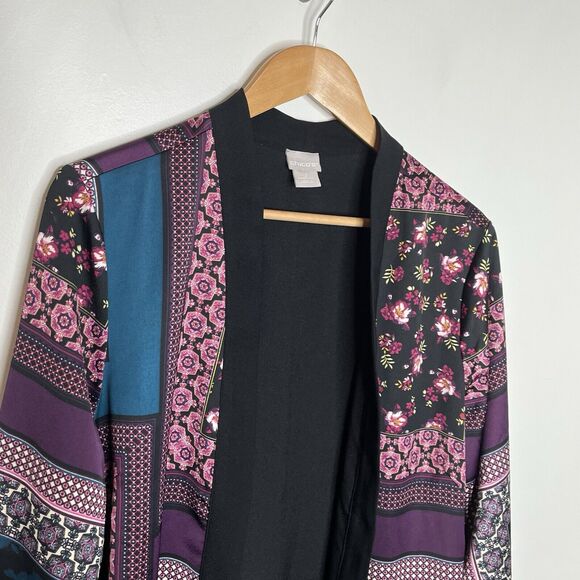 Chicos Patchwork Print Kimono Topper Jacket Womens 12/14 2 Large Purple - Picture 2 of 10